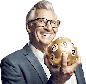 Happy Bingo man holding a golden Bingo ball